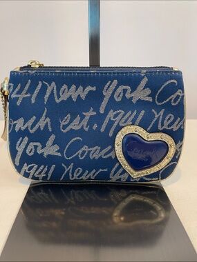 Coach Blue Script Heart Wristlet